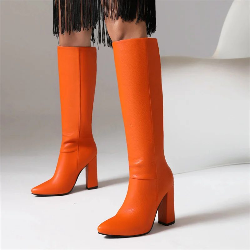 

Women's Knee High Boots Pointed Toe Block Heel Party Winter Shoes Ladies Footwear Big Size Black White Orange Pink Long Boot