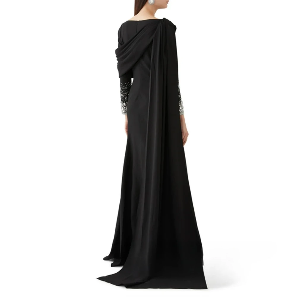 فستان سهرة جيرسي أسود مع كيب حورية البحر فستان حفلة كريستال ستون كم طويل طول الأرض فساتين الحفلات الرسمية حسب الطلب