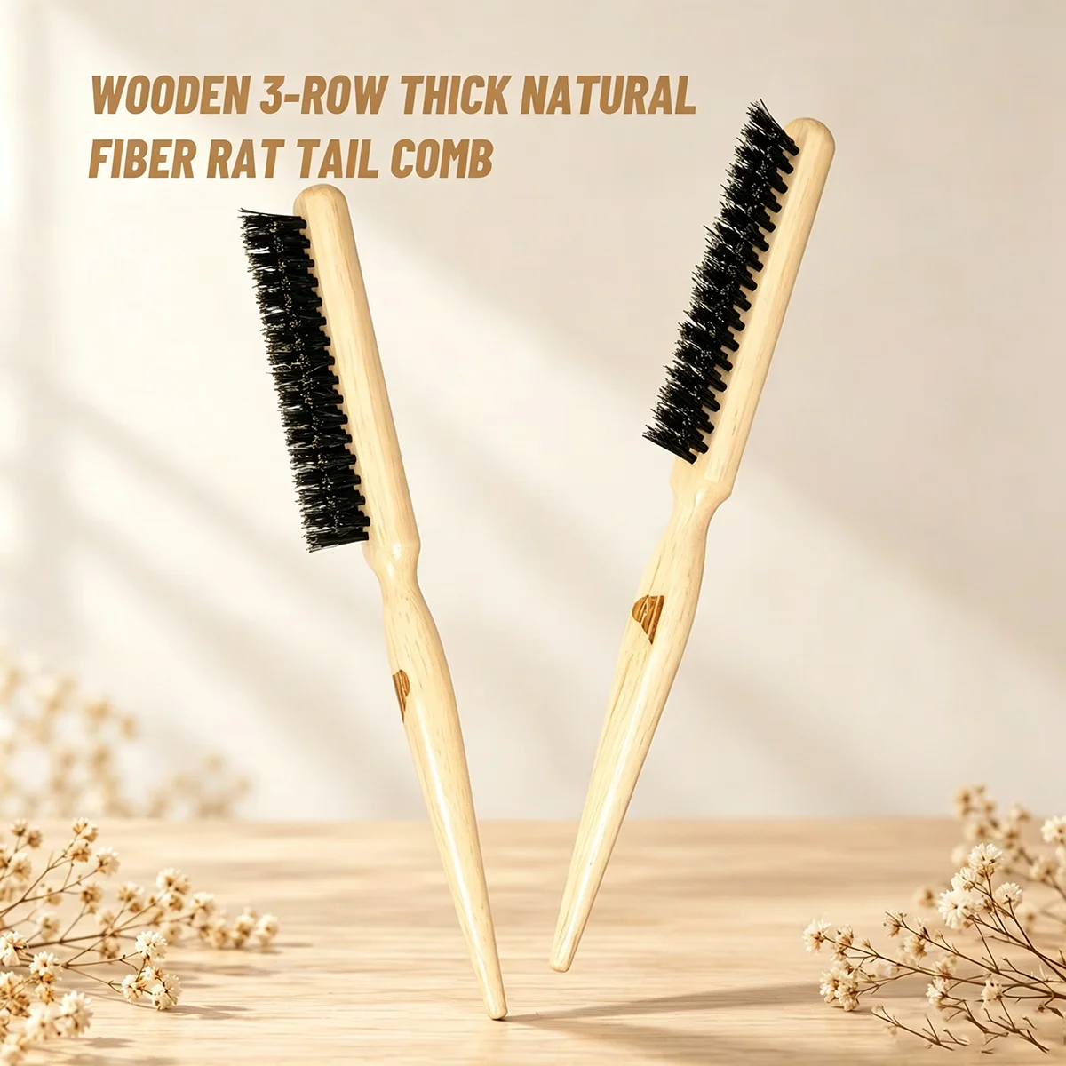 3-Row Wooden Fiber Pointed Tail Comb Detangling Hair Brush Scalp Massage Anti-Static Specially Designed For Wigs Holiday Gift