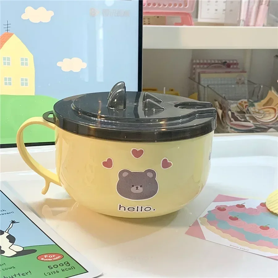 Kawaii Stainless Steel Ramen Bowl With Lid Cute Large Instant Noodles Fruit Salad Rice Soup Bowl Kitchen Tableware 1000ml