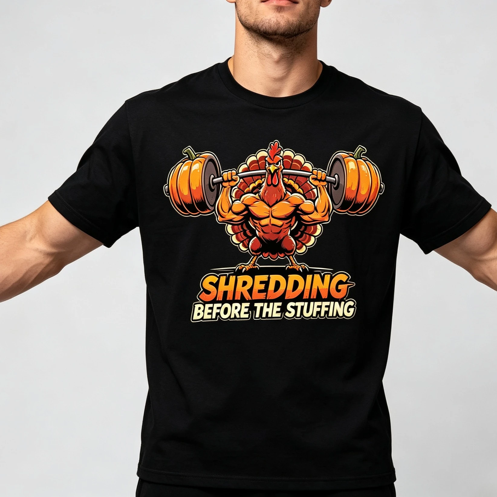 “Shredding Before the Stuffing” Muscular Turkey Weightlifting Graphic T-Shirt Men’s Soft Modal Crewneck Tee Casual Top