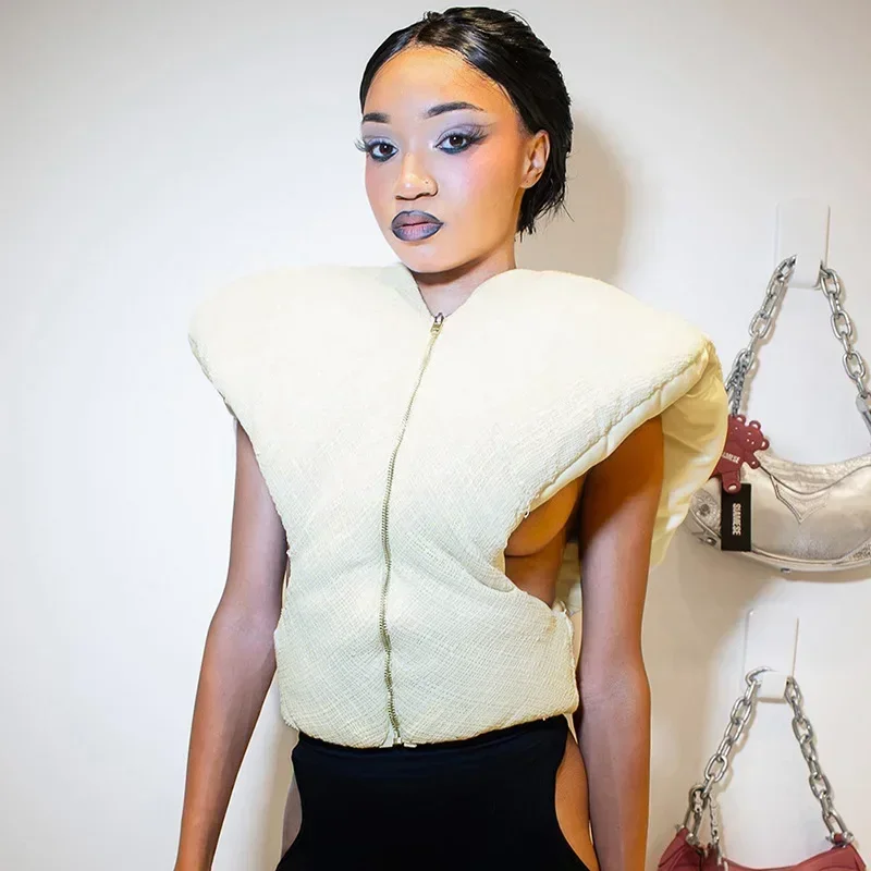 Frauen breite Schulter Daunen Mäntel ärmellose Puffer Jacke Weste niedlichen rosa Reiß verschluss Blase Mäntel Seite aus geschnitten Parka Daunen jacke Westen