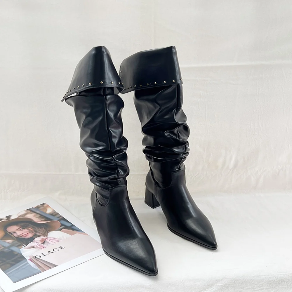 Pointed Toe Pleated Women Boots Square Heel Solid Rivet Knee High Casual Comfortable Fashion Patry Women Shoes 2023 New Arrivals