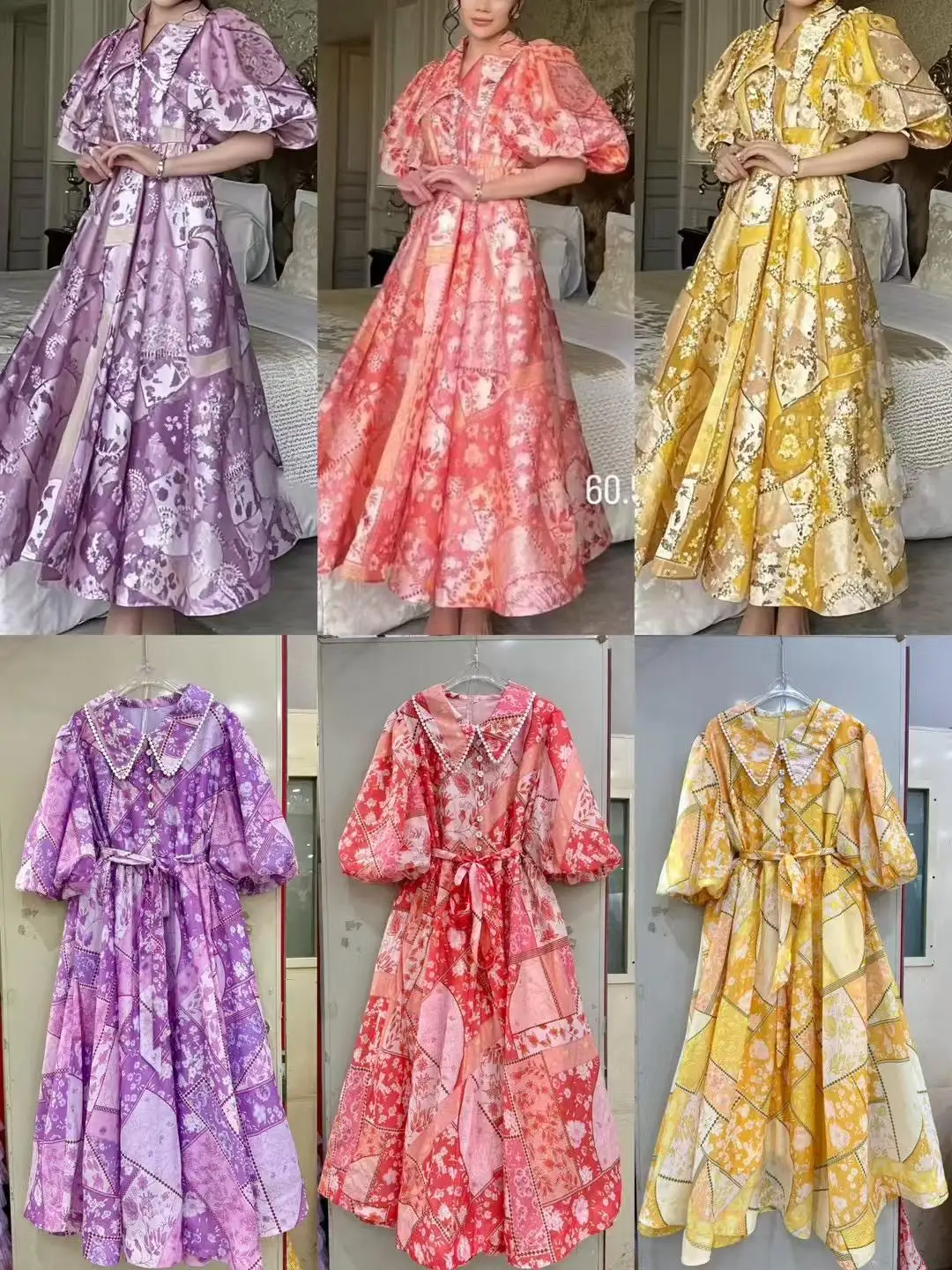 

Hot sale spring and autumn thin long sleeve stand collar high-grade printed women's loose long chiffon dress-GZMM024