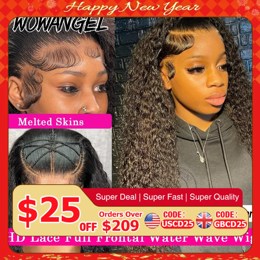 Wow Angel 250% HD pelucas frontales de encaje 13X6 pelucas onduladas de agua pelucas frontales de encaje 13x4 peluca rizada prearrancada peluca de cabello humano para mujer