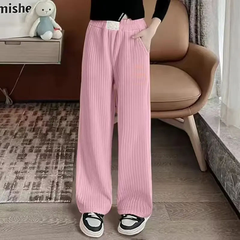 2026 Spring Autumn Girls Corduroy Pants Solid Color Warm Wide Leg Casual Trousers for Middle & Big Kids