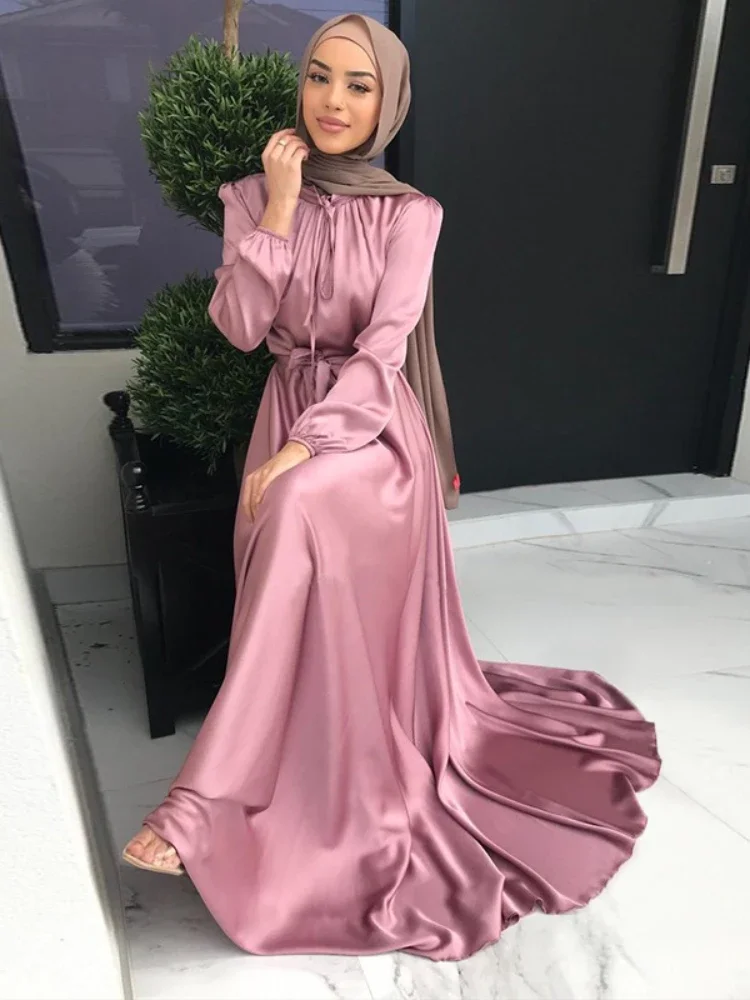 Vestido largo musulmán Abaya de satén elegante gran oscilación con cinturón Hijab bata Islam Dubai Turquía Abayas modestas vestidos africanos para