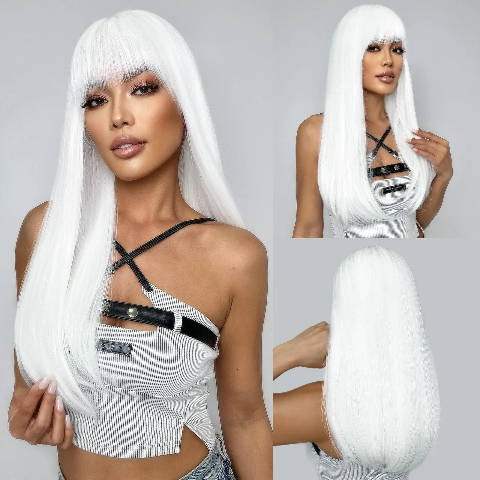 White straight hair synthetic wig for Halloween cosplay wig for role-playing daily wear, high-temperature silk wig cap