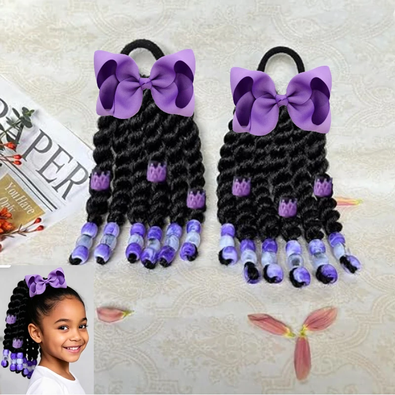 2pack Kids Twist Braided Ponytail Hair Tie with Beads, No-Braid Synthetic Hair Extensions for Girls, Cute Bow Ponytail for Daily