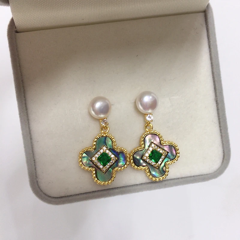 ZHBORUINI Natural Freshwater Pearl Earrings Women's Sea Shell Four Clover High-End Feeling 14K Real Gold Plated Pearl Jewelry