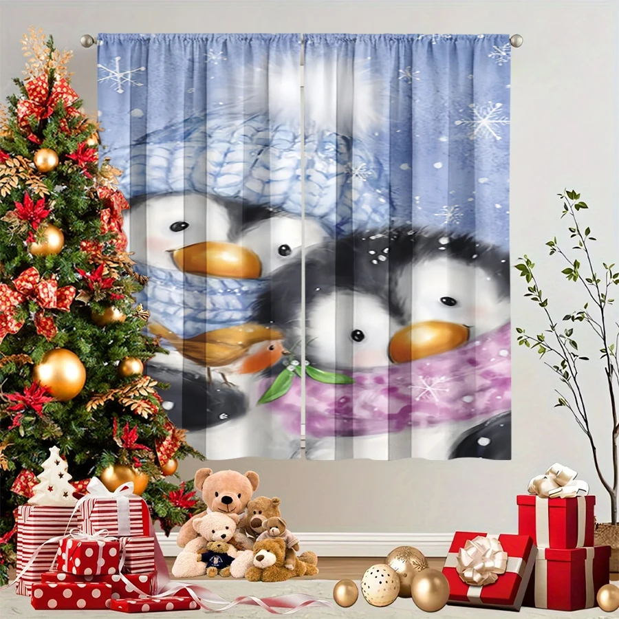 2PCS Christmas Winter Curtains, Watercolor Penguin Scarf Robin Blue Winter, Digital Print, Bedroom Living Room, Home Decor