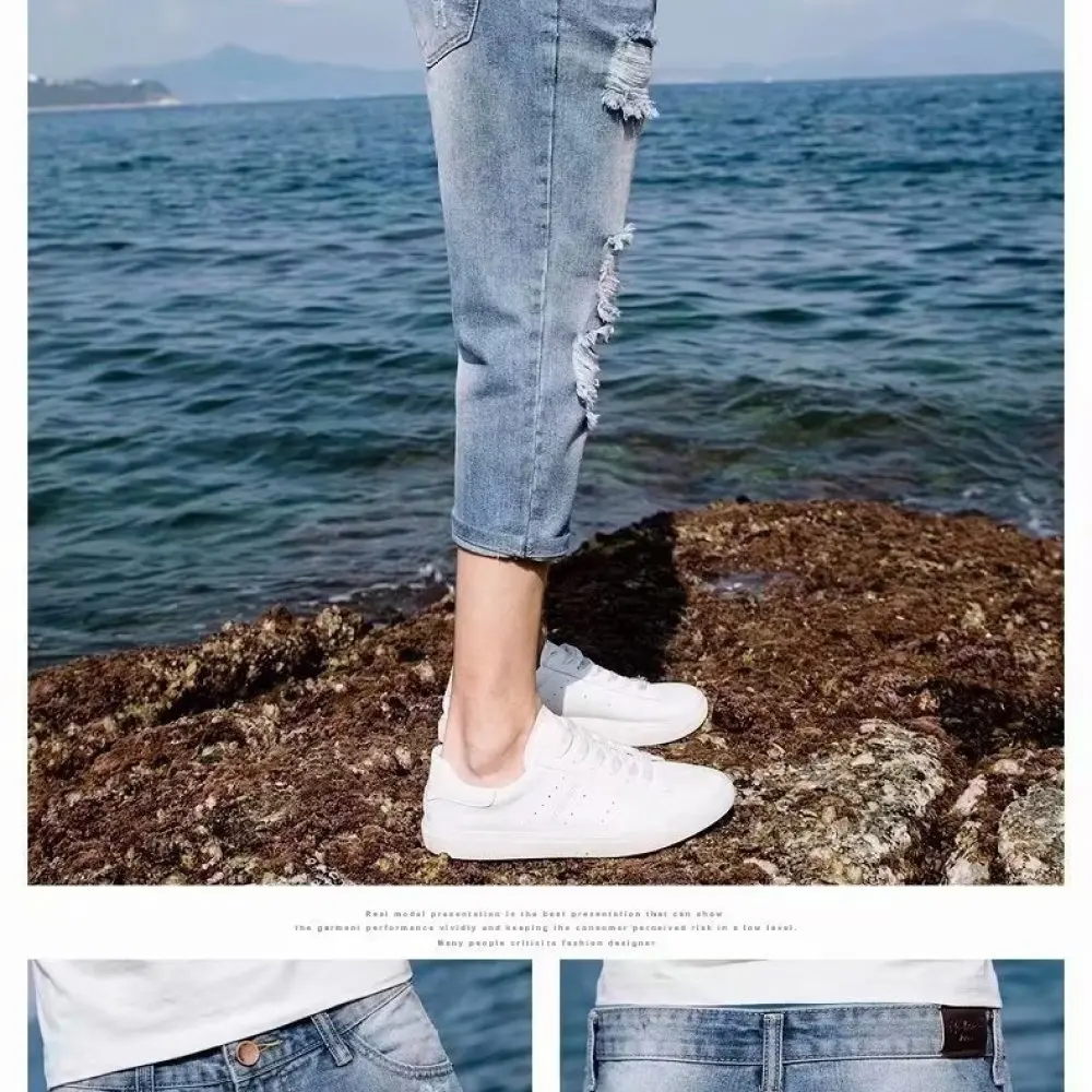 New Arrival Mens Ripped Denim Shorts Slim Fit Cropped Jeans Casual Mid Waist Pants Summer Youth Fashion Streetwear Style