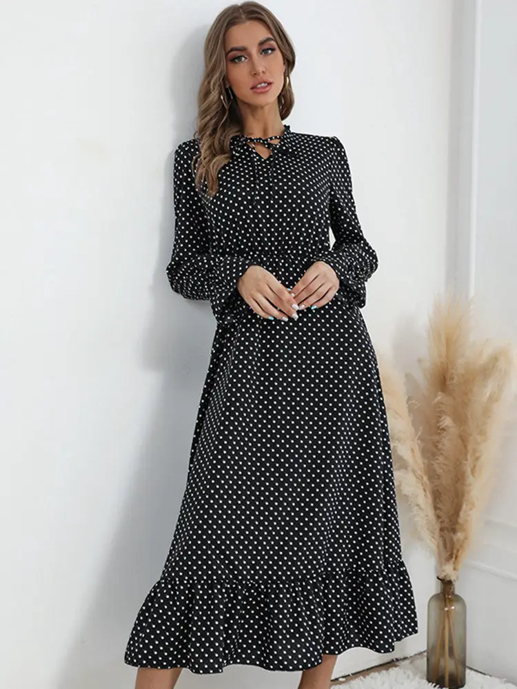 M Women Spring 2023 New V Neck Long Sleeve Polka Dot Long Dress For Ladies High Waist Printed Chic Dress