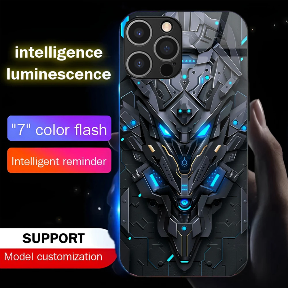 

Armor Mecha Design Luminous Glass LED Call Light Up Flash Phone Case Cover For iPhone 16 E 15 14 13 12 11 Pro Max XR XS Plus SE