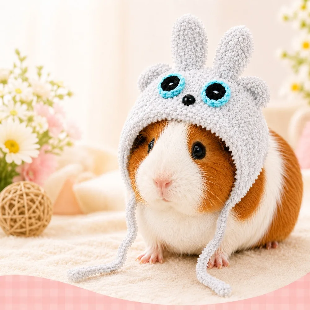 Adjustable Ties Small Pet Crochet Hat Bear-Shaped Soft Skin-Friendly Guinea Pig Costume Hat Hand Crocheted Shape-Retaining