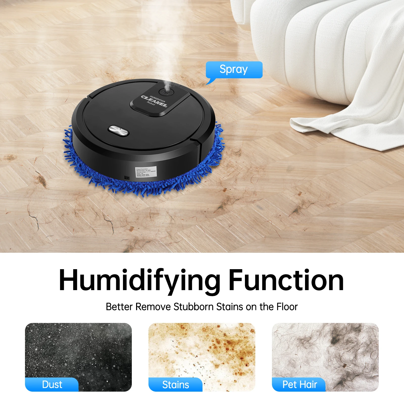 

White/Black Floor Mopping Cleaner Wet&Dry Electric Clean Robot Household Intelligent Sweeping Machine with Humidifying Spray