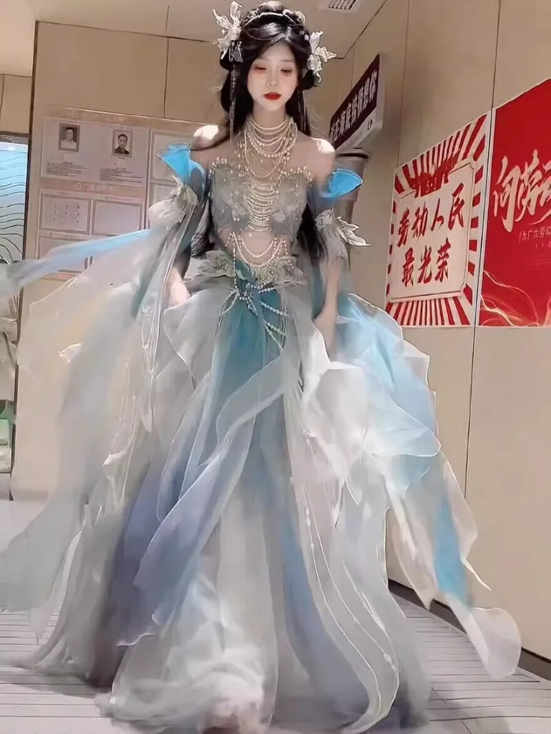 

Exotic Series Mermaid Princess Ji Gradual Change Chest-length Mythical Embroidery Hanfu Suit Skirt Super Fairy Feather Sleeve