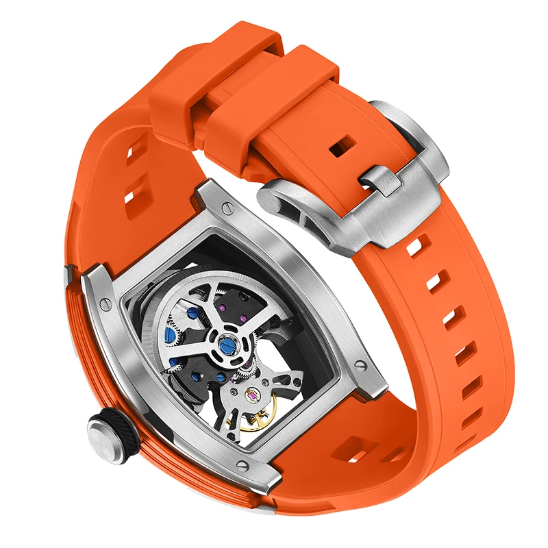 91986 Luxury Automatic Men's Watch with Hollow Dial Luminous Silicone Strap 30M Water Resistant for Casual Wear
