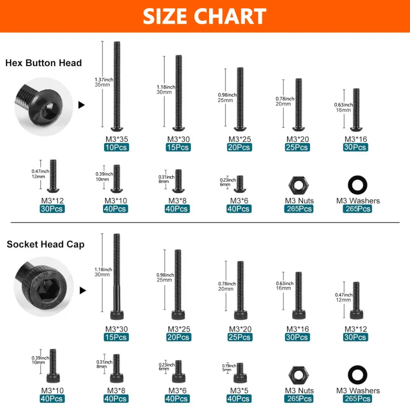 Imagen 5: Kit surtido de tornillos M3 de 1590 piezas: tornillos de cabeza de botón y casquillo hexagonal negro de grado 12,9/10,9 con tuercas |   Acero de aleación de alta resistencia