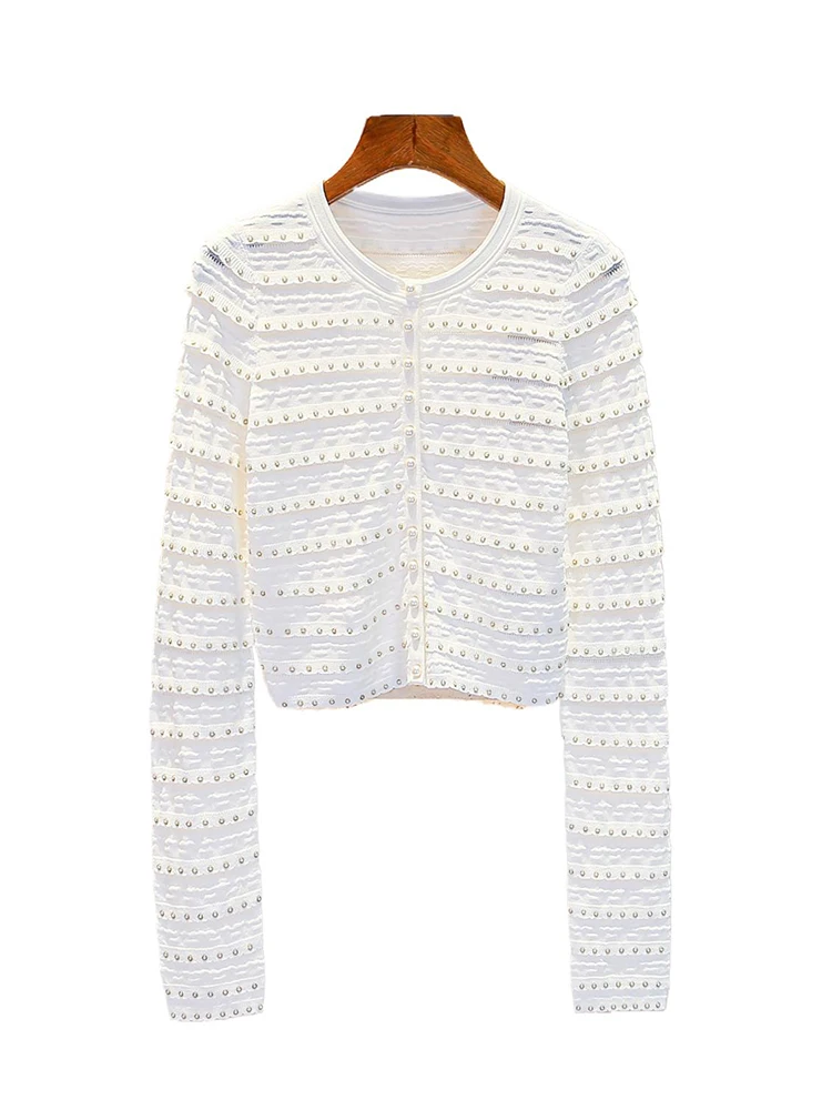 

S Home Nan You High End Women's Spring New Pearl Knitted Open Cardigan Jaet Soft Fabric Long Sve ort Length Pure Color