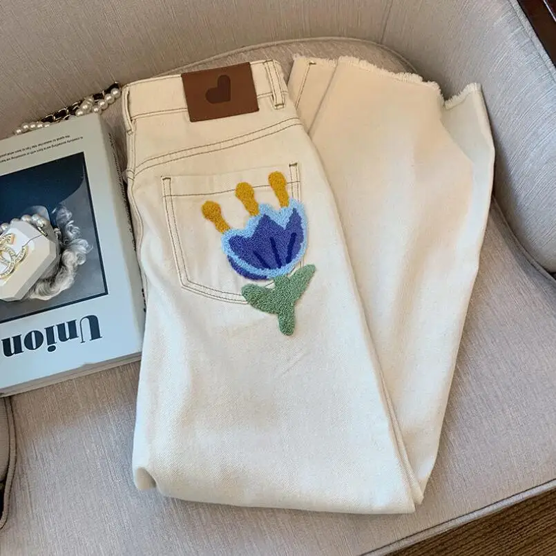 

Women's Jeans 2022 Spring Summer High Waist Casual Loose Jeans Woman Embroidery Straight Design Wide Leg Trousers w212