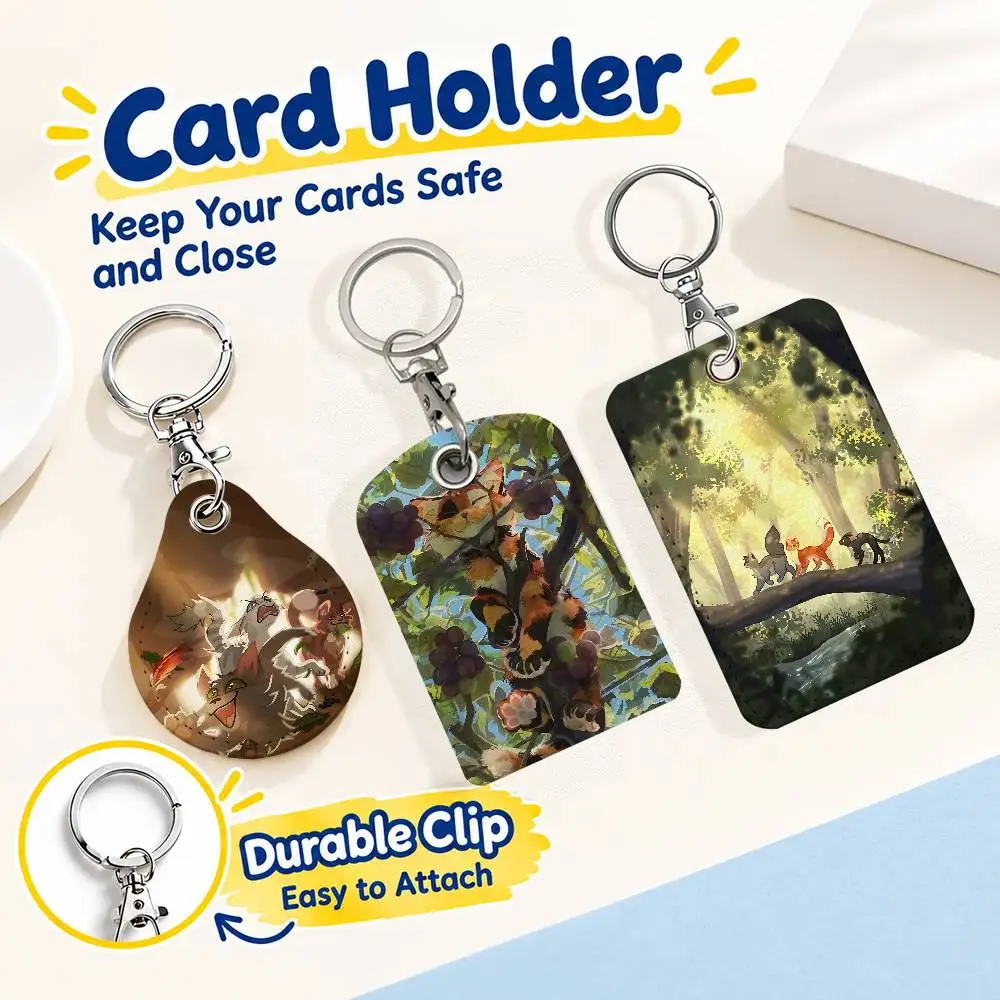 FOR W-Warrior Cats Keychain Card Holder Leather Keeps ID Cash Keys Cards Ready for Work School Travel Daily Errands