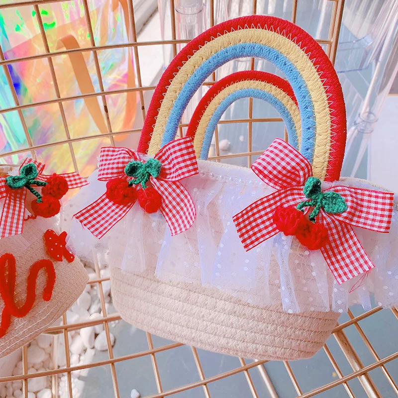 Women Beach Straw Bags with hair balls Ladies Summer outdoor Beach hat vacation bag Raffia Handbag Travel Basket Tote Bag