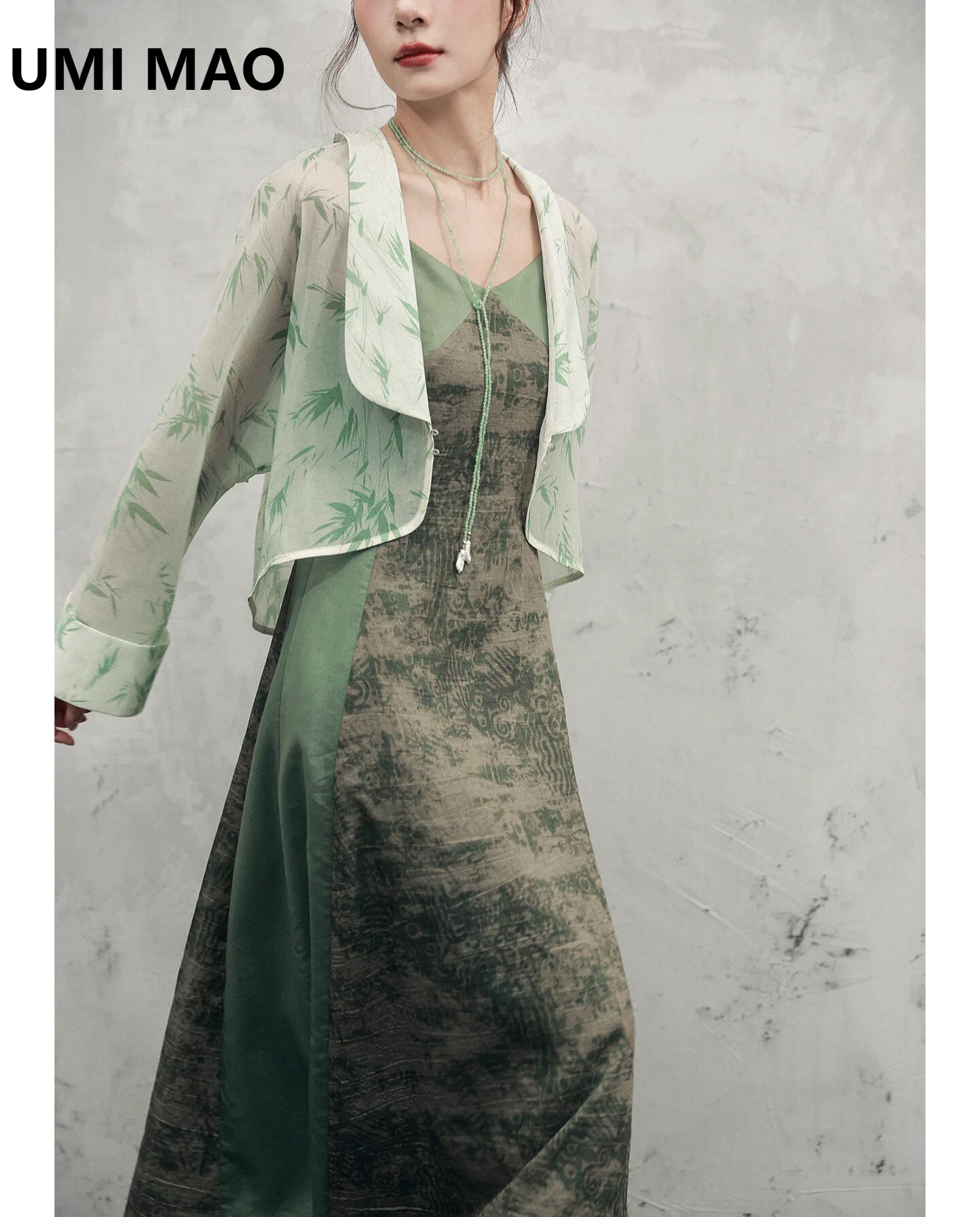 UMI MAO Green Bamboo Print Chiffon Cardigan For Women, Summer New Chinese Style Cool And Elegant High-Waisted Short Coat