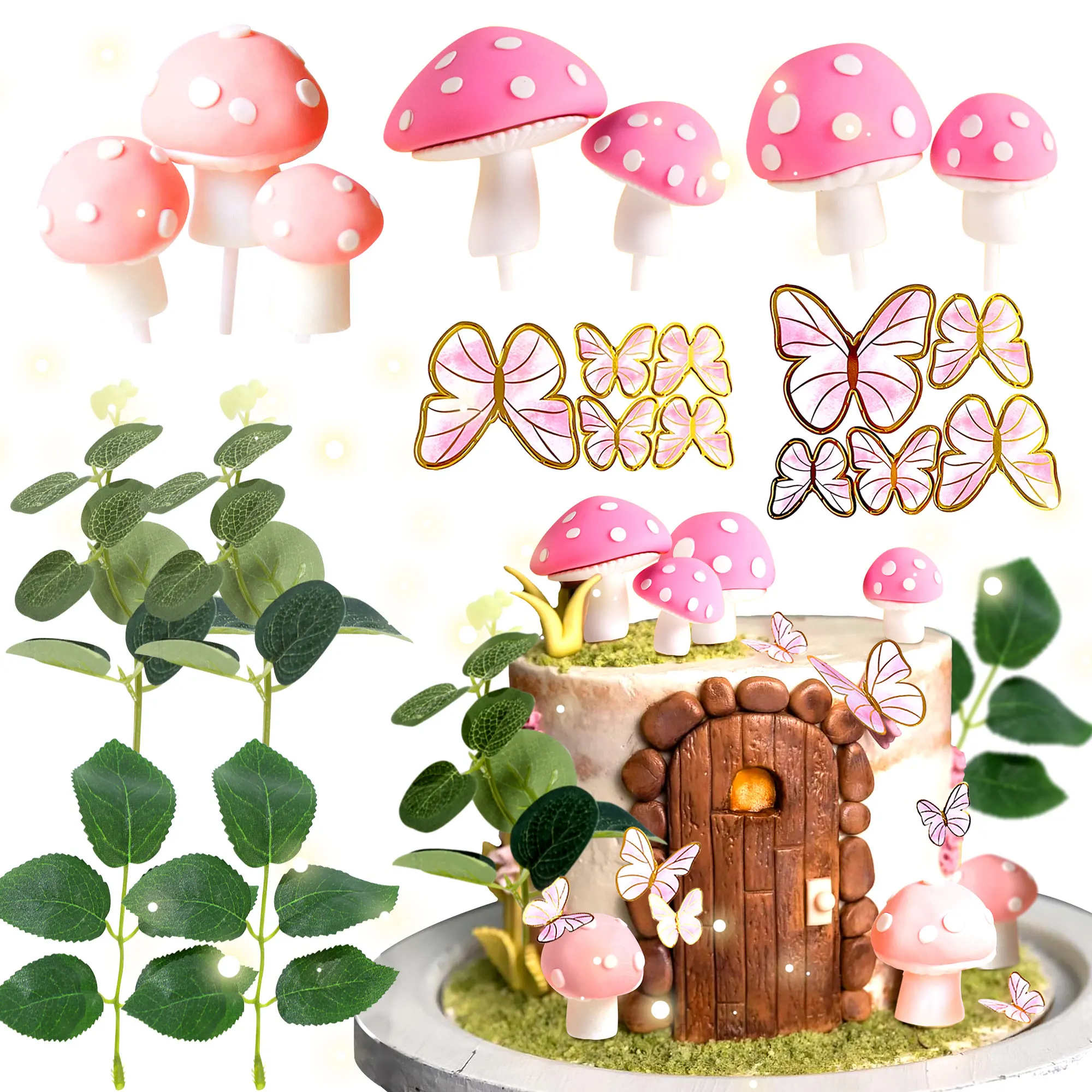 LaVenty Pink Mushroom House Cake Decoration Mushroom Cake Decoration Fairy Cake Decoration Garden Fairy Cake Decoration