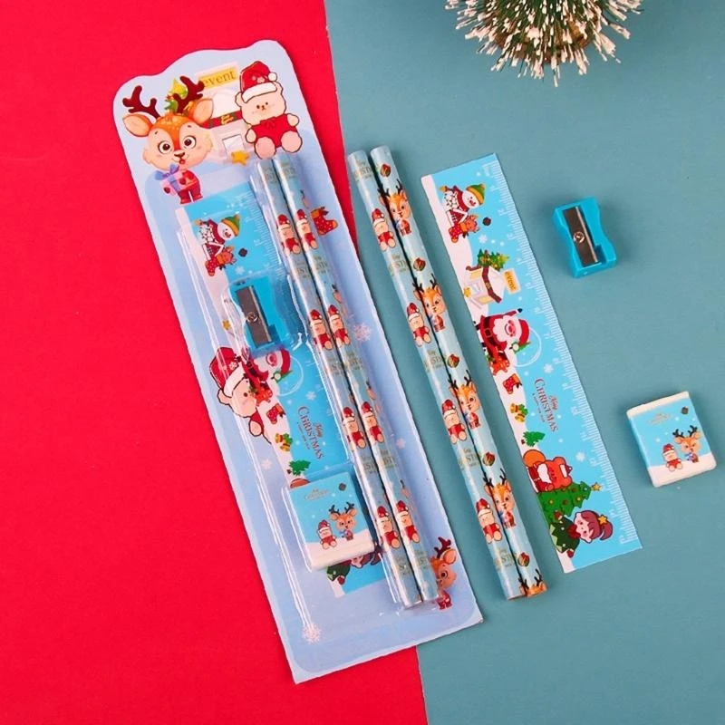 Y5LB 8 Sets Christmas Stationery Set Christmas Gift for Kid Student, Including Christmas Pencils, Erasers, Rulers, Sharpeners