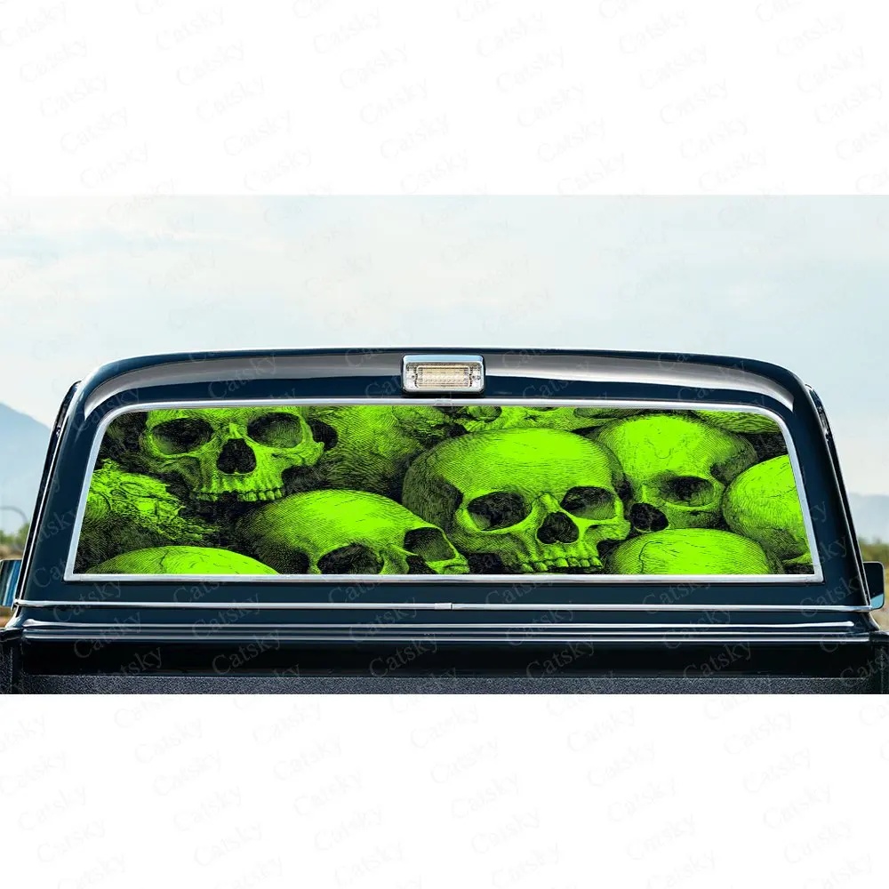 

Green Skull Group Art Dark Pattern PVC Perforated Car Vinyl Wraps, Durable Car Rear Windshield Sticker, Waterproof Car Rear Wind