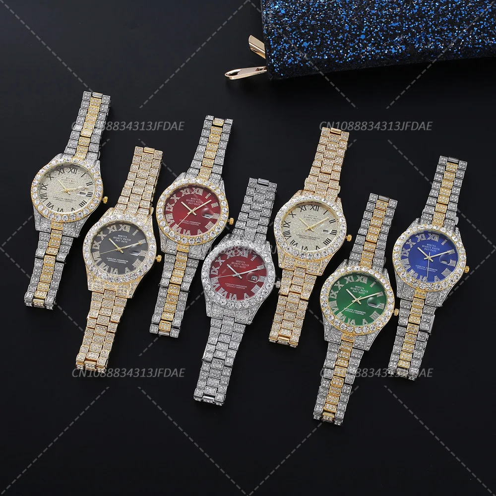 Luxury Men Watch Classic Golden Steel Strap Roman Rhinestone Calendar Quartz Watch Fashion Male Wristwatch Relogio Masculino