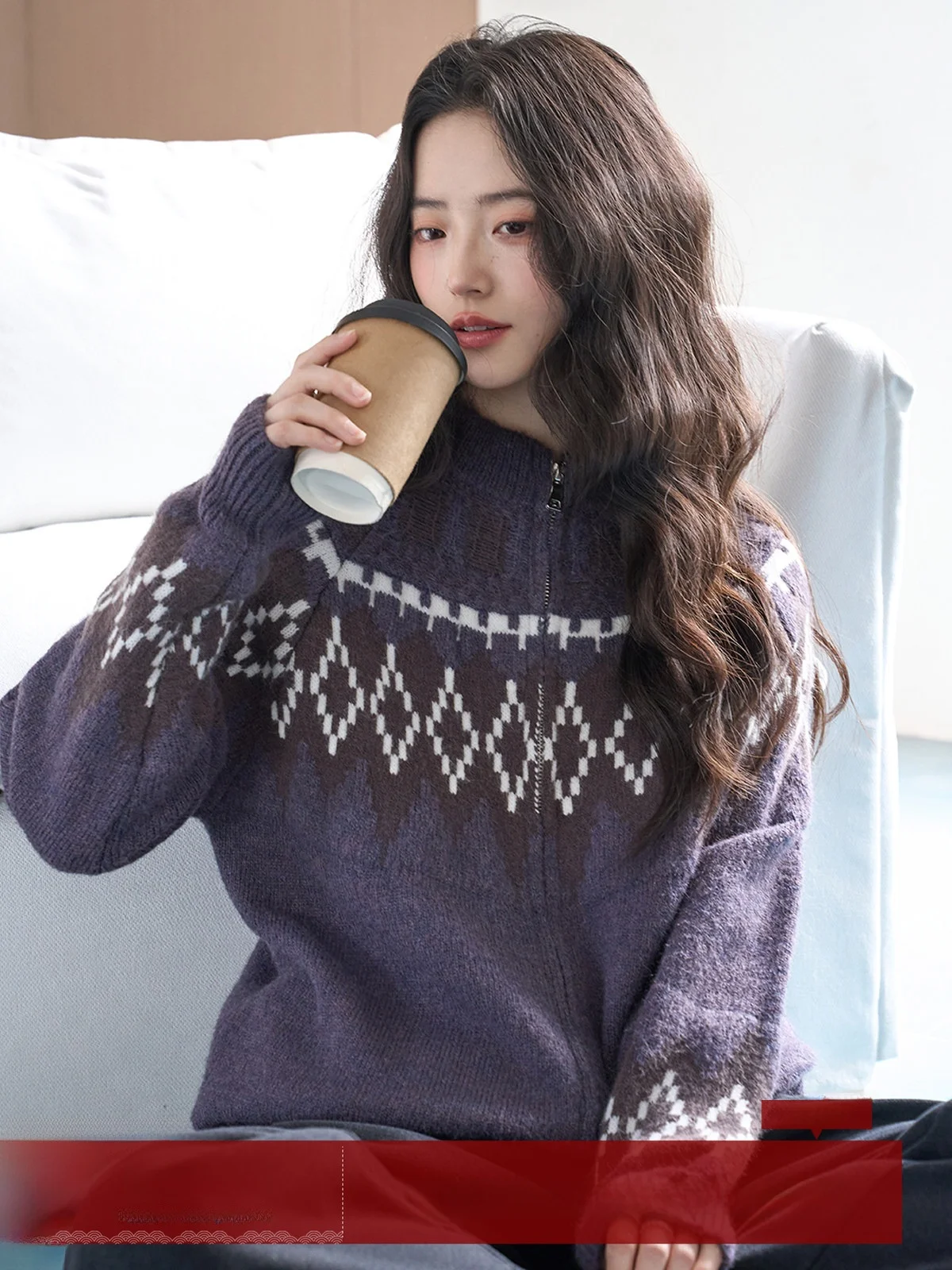 

MoZaure Purple Zipper Fair Isle Knitted Open Cardigan Sweater Women's Loose Slimming Autumn Winter New Sle Commute Wind