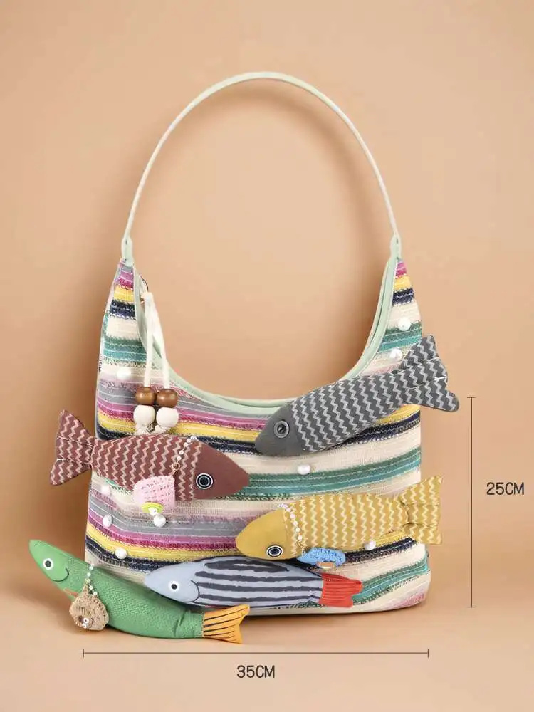 Bi Ling Jewelry Dopamine Color Blocked Bag Cute Fish Bag Daily Large Capacity Woven Tote Bag Single Shoulder Underarm Bag