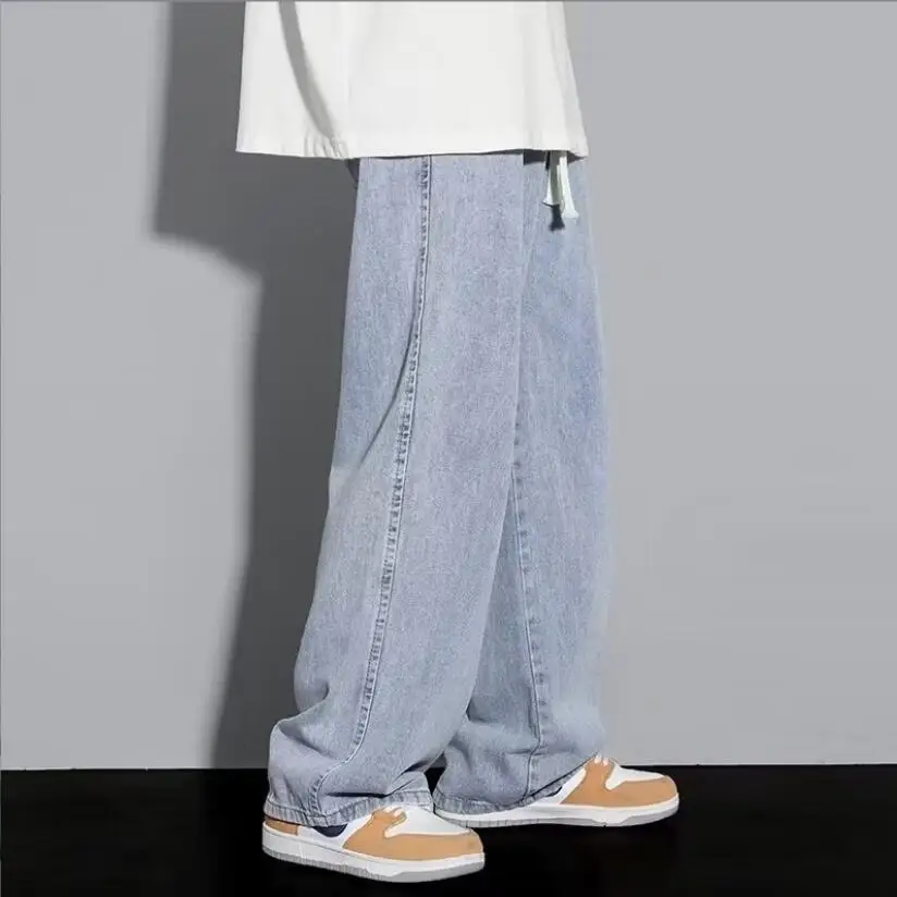 

2023 New Korean Men's Casual Jeans Classic Man Straight Denim Wide-leg Pants Solid Color Trousers Light Blue Grey Black 3XL w604