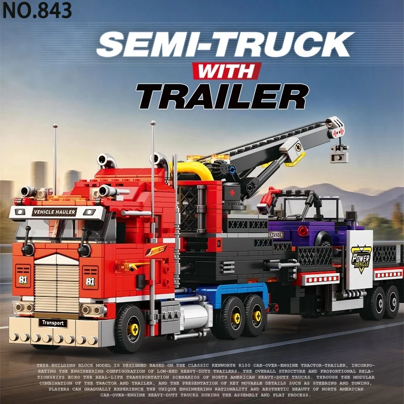 Heavy Duty Semi Truck Flatbed Trailer Building Blocks Mounted Crane Free‑Wheeling Engineering Truck Model Desktop Ornament