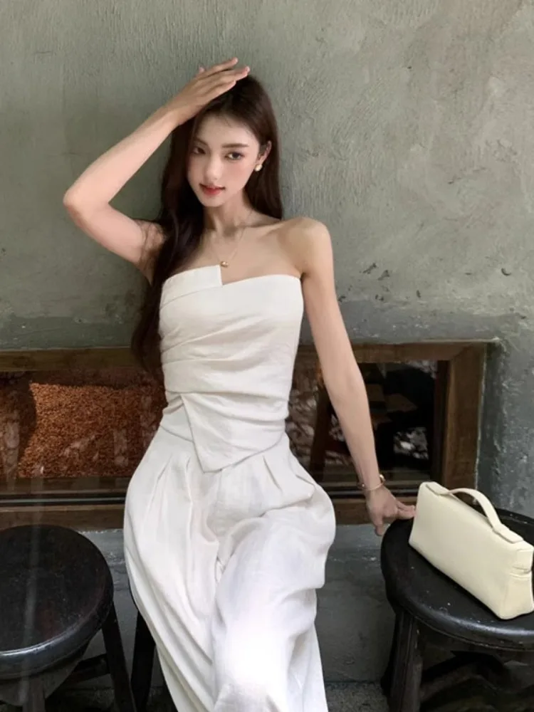 Set Celana Solid Desain Chic Korea Baru Atasan Bungkus Berlipat Tidak Beraturan Wanita + Setelan Celana Kaki Lebar Musim Panas Y2k Set 2 Potong Pinggang Tinggi