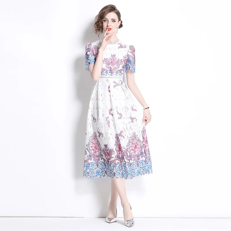 

Fashionable slimming hollow out water-soluble lace positioning printing mid length dress YSQ539095