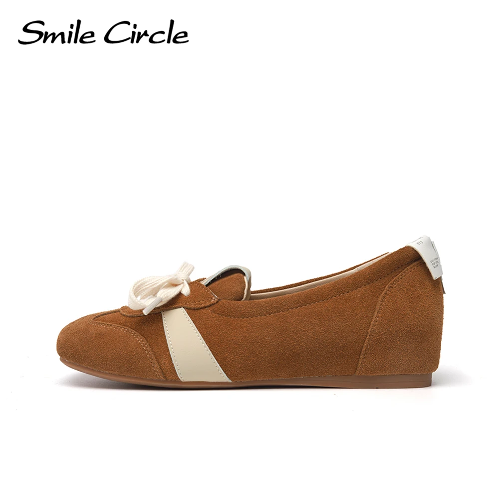 Smile Circle Zapatos planos casuales simples y versátiles con cordones de piel de ante para mujer