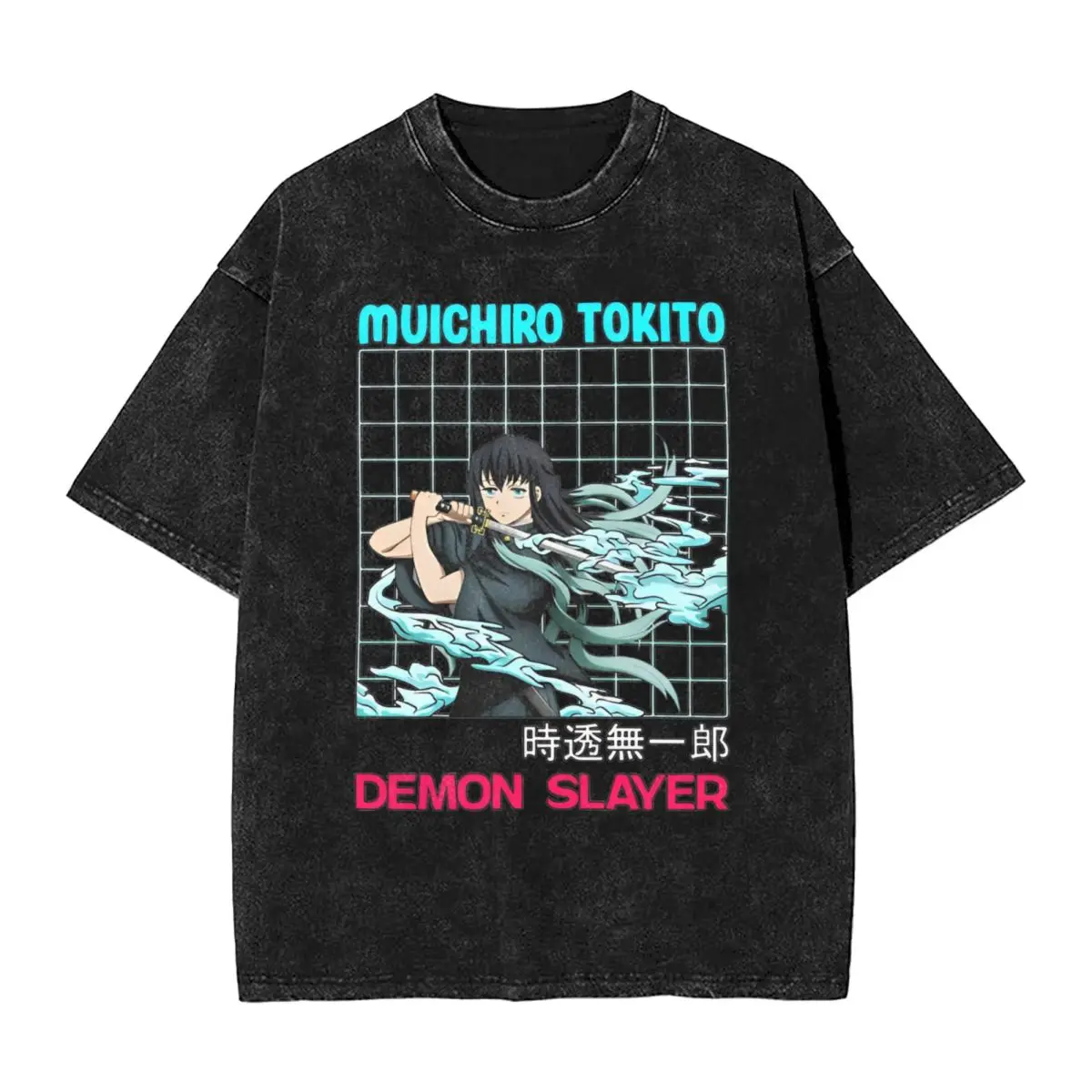 Washed T Shirts Muichiro Tokito Retro T-Shirt High Street Anime Demon Slayer Streetwear Short Sleeve Graphic Tops Tees Men Women