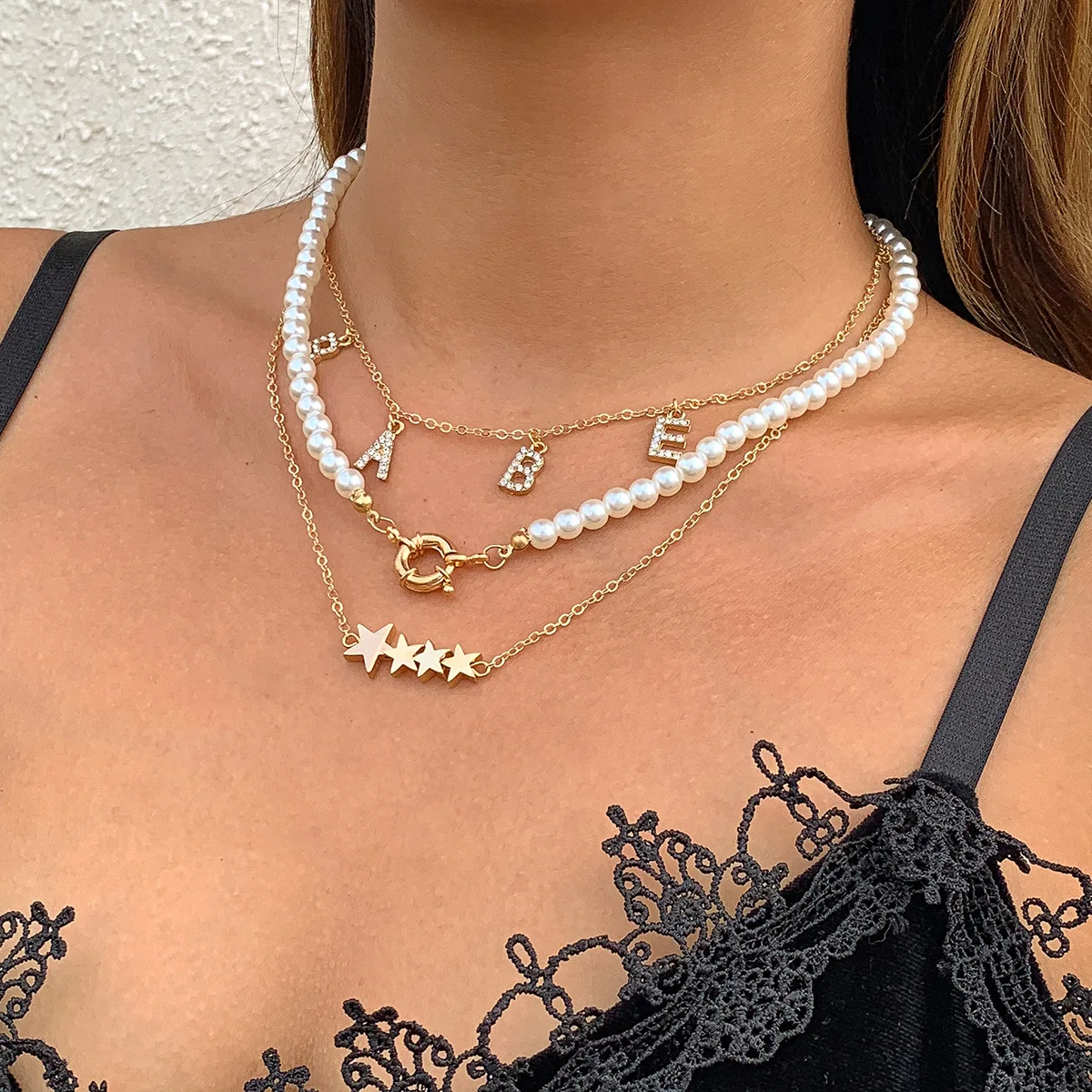 Faux Pearl Necklace Star Letter Tassel Crystal Charm Stackable Womens Versatile Daily Wedding Jewelry Silver Finish