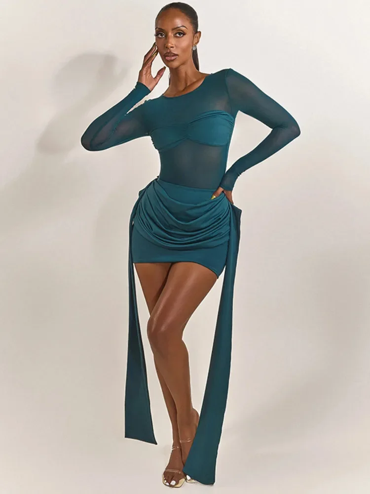 

Fmxires Mesh Patchwork Ruched Sexy Mini Dress Women Fashion See Through Long Sleeve Draped Skinny Club Party Dresses Elegant