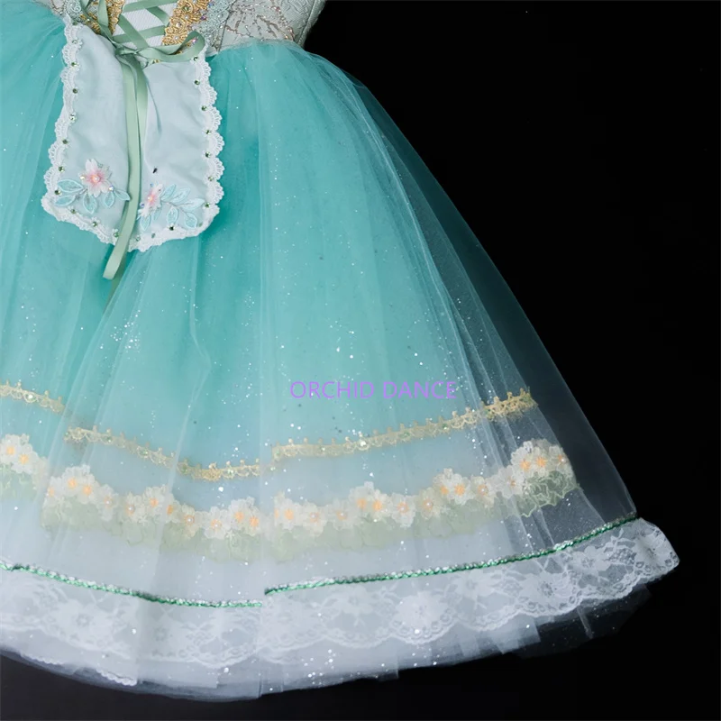 Professional Custom Size Kids Girls Women Adults Peasant Gilsay Performance Wear Costumes Long Green Gold Romantic Tutu Dress