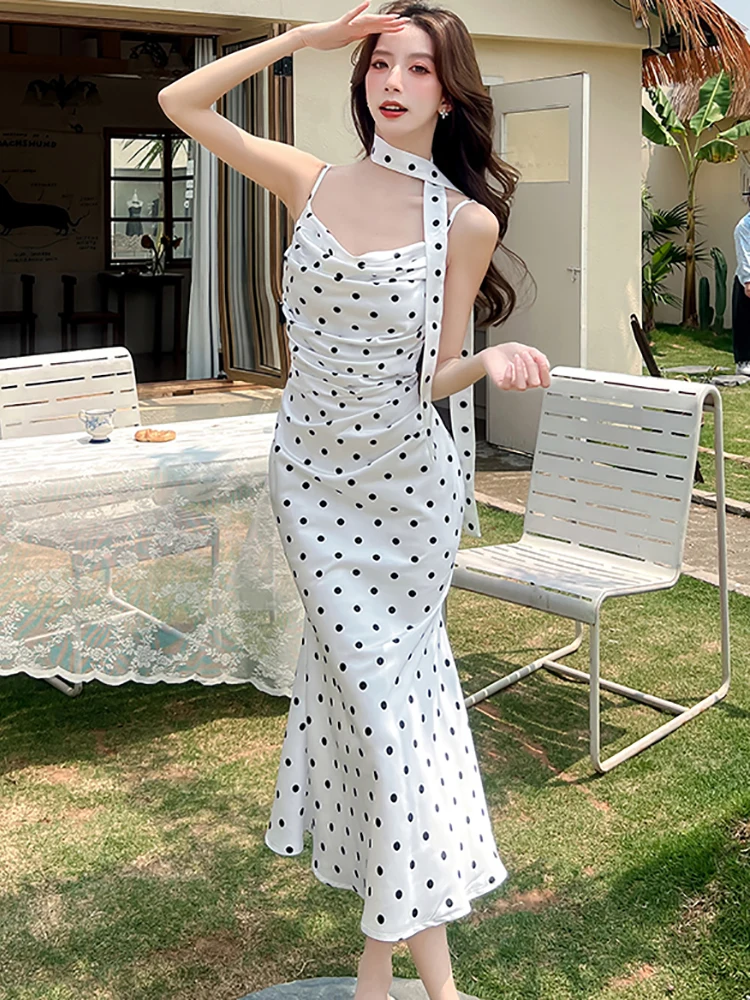 2025 الأبيض الساتان البولكا نقطة شيك حبال مثير فستان طويل الكورية خمر الفاخرة المرأة فستان الصيف أنيقة Bodycon فساتين السهرة