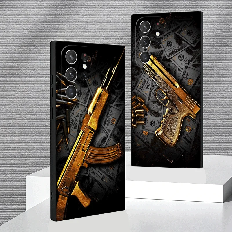 Soft Phone Case For Samsung Galaxy S24 S25 S26 Ultra Gold Gun Bullets AK47 Handgun S23 S22 Plus S21 FE S20 + Edge Black Cover Sh