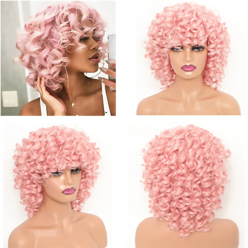 

Short Curly Synthetic Wigs For Black Women Pink Blonde Brown Afro Curly Wig With Bangs Natural Glueless Daily Cosplay Fake Hair