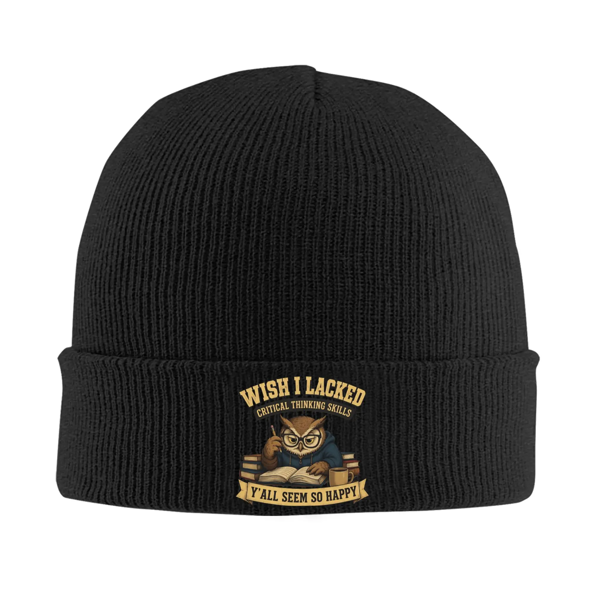 Wish I Lacked Critical Thinking Skills The Owl Studying Beanie Hats  Skullies Beanies Female Male Trendy Soft Caps Bonnet Hats