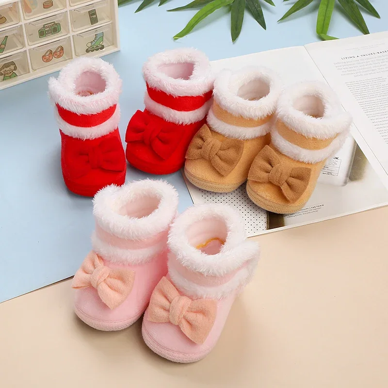 Newborn Baby Boots Shoes baby Girl Shoes Bow Plus Velvet Cotton Toddler First Walkers Booties Cotton Warm Infant Crib Shoes