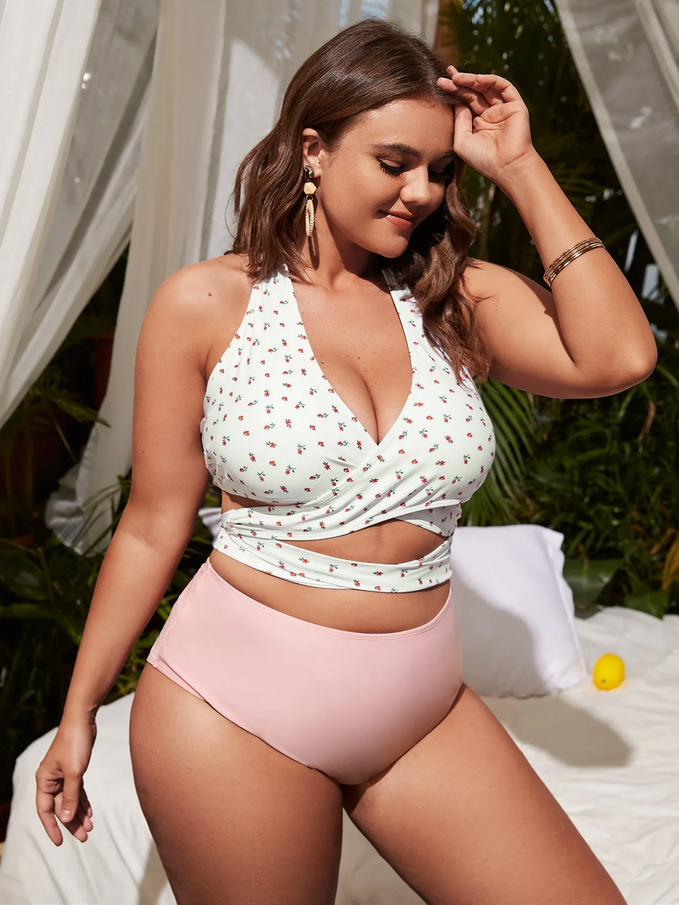 Damski strój kąpielowy dwuczęściowy Plus Size zestaw Bikini z nadrukiem sznurowanie z przodu bandaż strój kąpielowy kostiumy kąpielowe kontroli