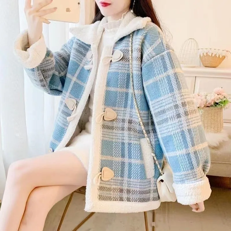 

Lamb Wool Women Autumn and Winter Integrated Velvet with Fleece Collar Button Pocket Plaid Fashion Versatile Long Sleeve Jackets